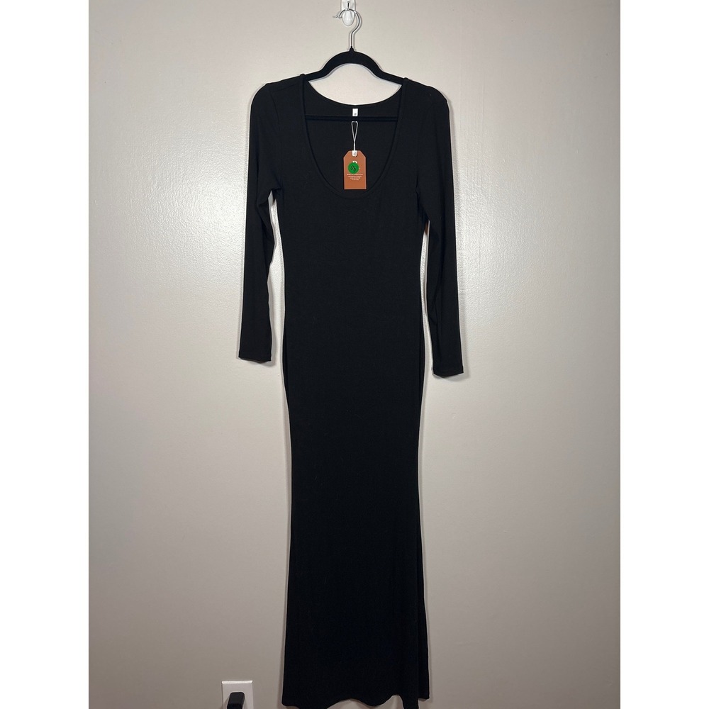REORIA Women's Black Ribbed Long Sleeve Scoop Neck Bodycon Maxi Dress Size XL